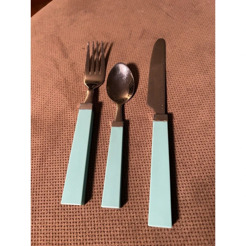 Vintage Aqua Blue Handle Stainless Steel Set 22 Retro Flatware Spoon Fork Knife